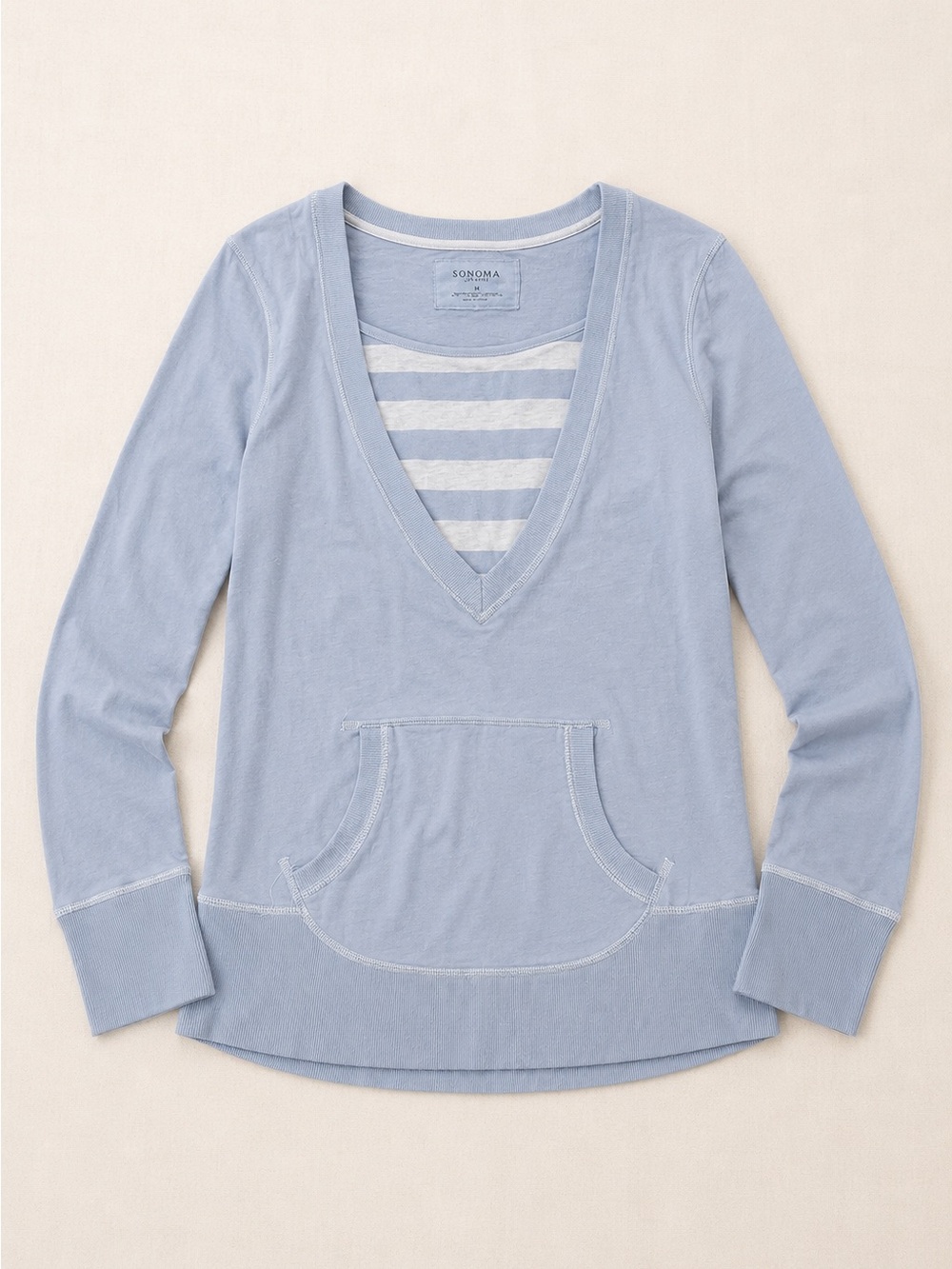Sonoma Light Blue and White V-Neck Pullover with Striped Inset